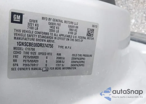 2013 Chevrolet Tahoe Lt z USA, uszkodzony, nr VIN 1GNSCBE08DR374756